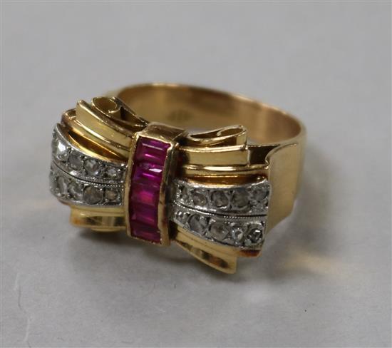 A 1950s yellow metal, diamond and gem set cocktail ring, size M.